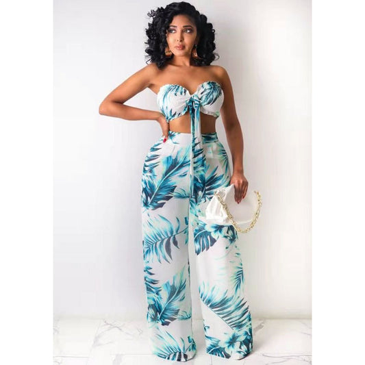 2 Piece Set - Floral Print Strapless Tops with Long Pants